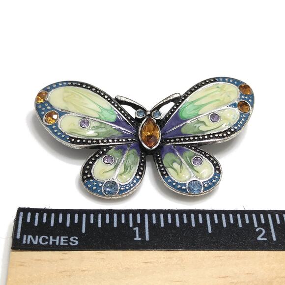 Butterfly Enamel & Rhinestone Brooch, Silver Tone, 1980s Vintage Jewelry - Picture 6 of 10